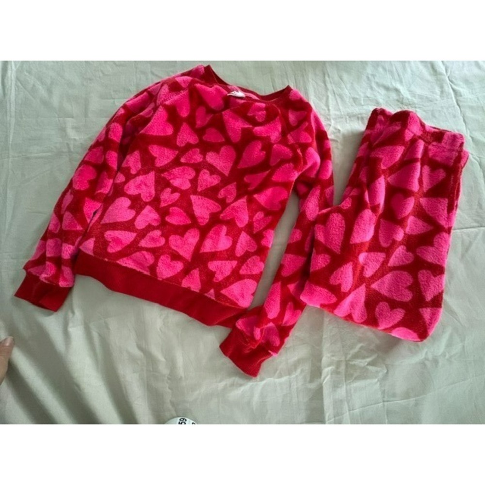 Cat & Jack Girls Pajama Set Size L Pink Red Hearts Fleece Sleepwear Soft